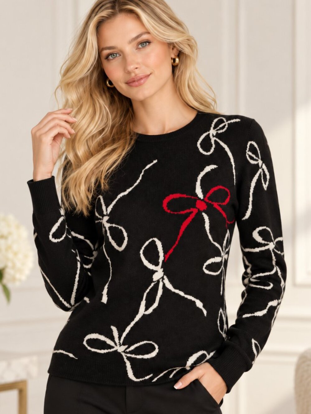 Ann Taylor Black White Red Bow Ribbon Crewneck Sweater Medium Coquette